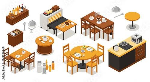 Isometric dining room setup with modern furniture and tableware elements