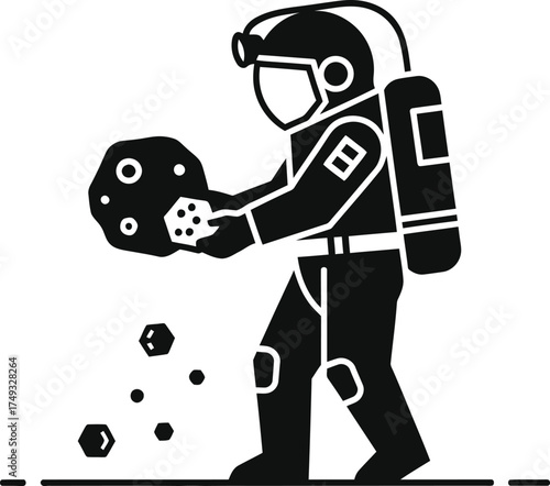 Astronaut holding a meteorite and collecting space rocks on a barren planet surface