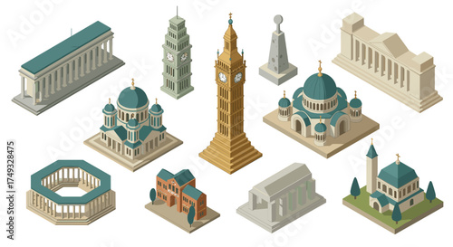 Isometric architectural landmarks with classical and modern designs