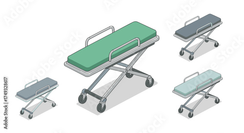 Medical gurney in isometric view with green cushion for emergency and hospital use