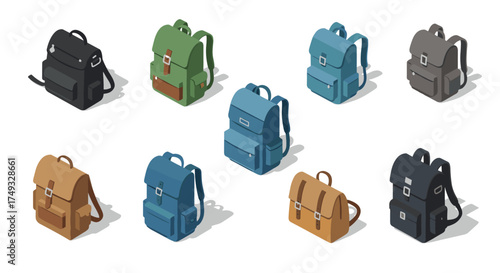 Colorful isometric backpacks collection on white background