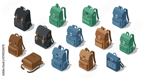 Isometric backpack collection: stylish and functional designs in various colors