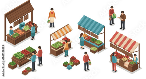 Isometric farmers market scene with vendors and shoppers engaging in fresh produce exchange