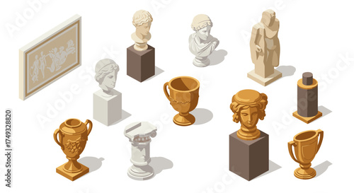 Isometric collection of classical sculptures and vases with ancient art style