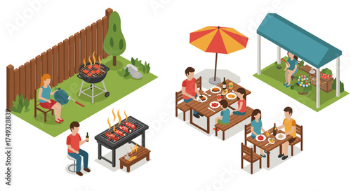 Isometric family barbecue scene with outdoor dining and grilling