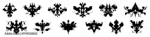 Abstract set of symmetrical black inkblot stains used in Rorschach psychological test, creative illustration for mental health diagnostics, projection therapy, psychoanalysis, emotion research