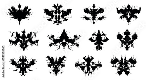 Collection of Rorschach inkblot patterns for psychological projection and analysis. Symmetrical abstract shapes for psychoanalysis, emotional evaluation, mental therapy, design, psychiatric use