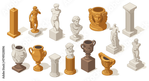 Isometric collection of classical sculptures and columns in diverse styles