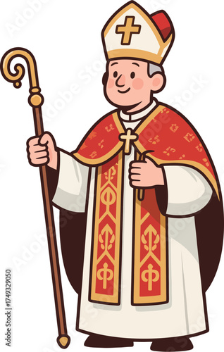 Catholic Bishop Cartoon Vector Illustration in Red and White Vestments with Crosier and Mitre – Religious Character Clipart
