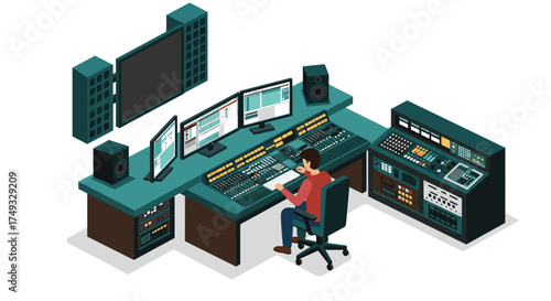 Modern isometric audio studio with equipment and sound engineer at work