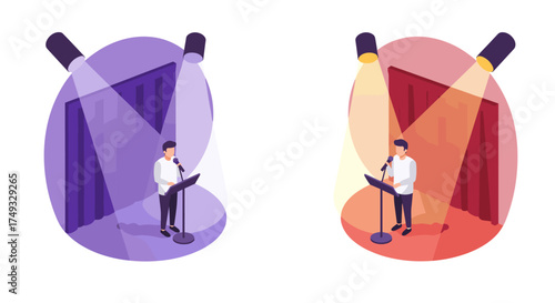 Isometric singer in spotlight: dual color concept of music performance on stage