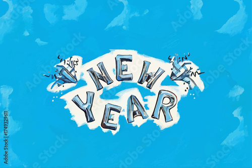 New Year text with firecrackers stylized as air balloons on the white highlight and light-blue brush-stroke background; an oil-painting-styled vector illustration perfect for greeting cards.