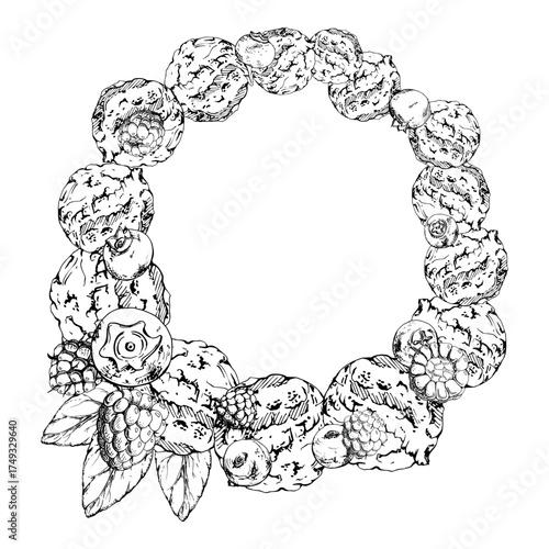 Fresh ripe blueberries and raspberries, mint leaves garnish for fruit sorbet gelato scoops. Vector graphic wreath frame illustration hand drawn in ink, line sketch. Snack branding, berry-themed menu