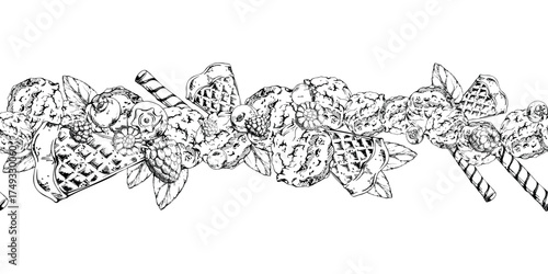 Berry and fruit scoops served with rolled wafer sticks, scattered fresh raspberry blueberry, mint leaves. graphic seamless border hand drawn in vector ink. Summer party decor, sweet product sticker