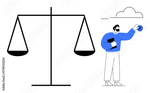 Justice scale, businessman holding currency coin and documents under a simple sky. Ideal for law, business, ethics, decision-making, justice, balance accountability. Simple flat metaphor