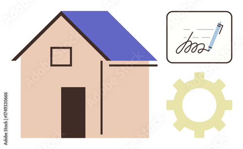 House with door and blue roof, contract document with signature and pen, and gearwheel. Ideal for real estate, mortgage signing, housing development, construction, property management, rental