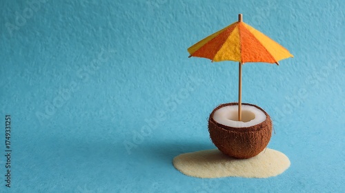 Wallpaper Mural Minimal beach vibe composition coconut fruit and striped umbrella copy space
 Torontodigital.ca