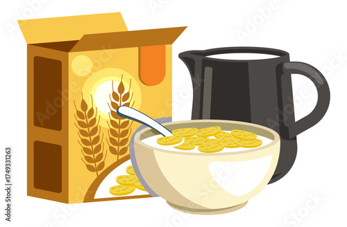 Wheat cereal food vector showing healthy breakfast bowl with milk and natural grain design.