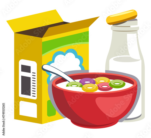 Colorful cereal food vector illustration with milk and a red bowl for a bright breakfast concept.