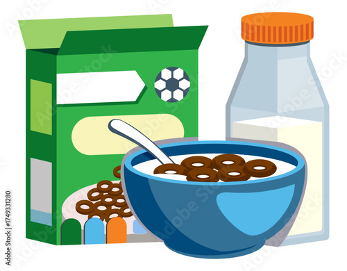 Chocolate cereal food vector with milk bottle and green box, perfect for breakfast or snack design.