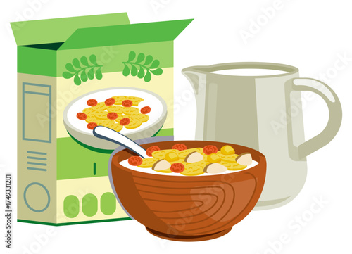 Nut and fruit cereal food vector illustration in wooden bowl with milk pitcher, tasty and healthy meal.