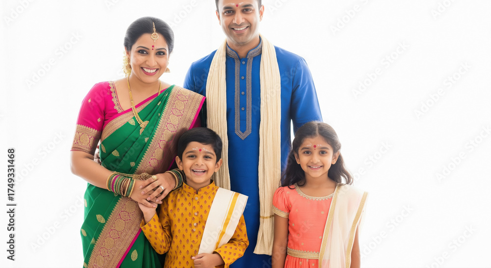 Obraz premium joyful traditional Indian family in festive ethnic attire standing togetherness on white background
