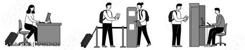 Black and white illustration of airport or transit checkin and gate process