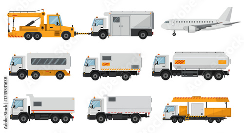 Airport ground support vehicles and an airplane illustration set