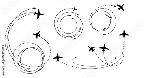 Black silhouette icons of airplanes tracing curved and circular flight paths