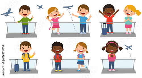 Children at airport observation deck watching airplanes take off and land