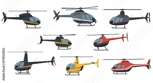 Collection of nine cartoonstyle helicopters in side profile views