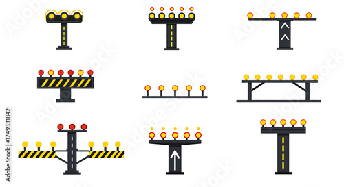 Collection of nine distinct aviation approach and runway lighting system icons