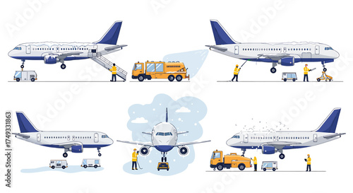 Collection of illustrations depicting aircraft ground handling services and maintenance