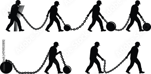Worker silhouette dragging heavy ball and chain burden progression struggle concept industrial labor hardship transformation path challenge vector illustration design