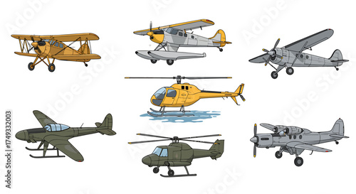Collection of seven cartoon illustrations of various fixedwing aircraft and helicopters