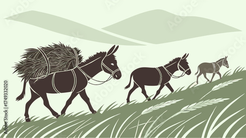 Pack Donkeys Carrying Hay Uphill on a Green Hill for Agricultural Progress, Sustainable Farming, and Rural Hard Work