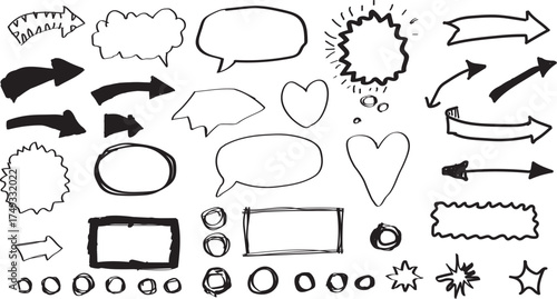 Collection of hand drawn speech bubbles arrows shapes and explosions for creative projects