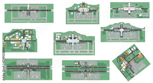 Collection of nine topdown stylized vector illustrations of airport layouts