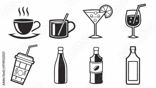 Beverage Icons Set for Restaurant Menu Design Drink Symbols Collection for Cafe Bar Web Graphics Coffee Tea Cocktail Wine Soda Bottles Cups and Glasses Vector Illustration