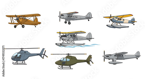 Collection of seven stylized illustrations of various aircraft types