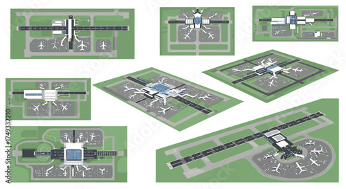 Collection of topdown and isometric views of varied airport terminal layouts and runways