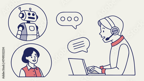 Hybrid Customer Support Agent Typing on Laptop Assisting Customer with AI Chatbot Human and Robot Collaboration for Digital Service