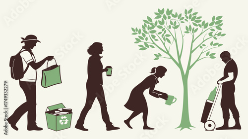 Diverse Community Members Actively Practicing Sustainable Living, Recycling, and Planting Trees for a Greener Future