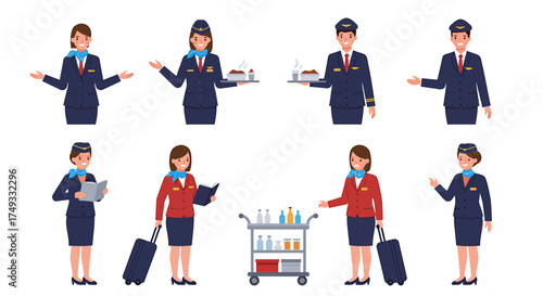 Eight airline staff figures in various poses including serving and guiding