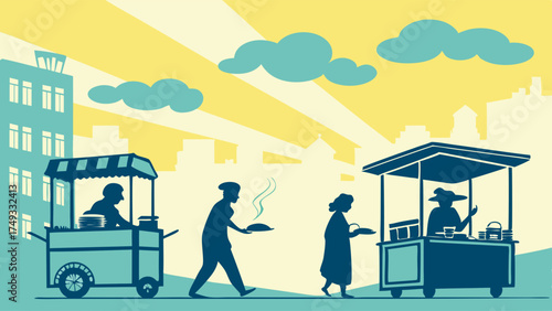 Vibrant Urban Street Food Vendors Serving Customers At Outdoor Market Stalls Small Business Local Economy Illustration