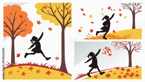 Happy Child Silhouette Playing Colorful Autumn Leaves Outdoors Energetic Girl Running Through Fall Park Childhood Joy