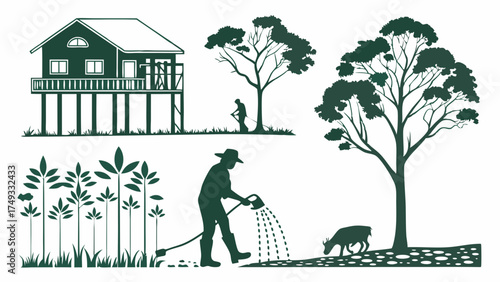 Eco-Friendly Farming and Sustainable Rural Life with Farmer Watering Crops, Stilt House, and Grazing Animal for Green Agriculture Design