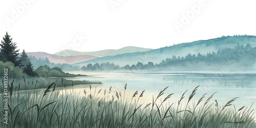 Watercolor landscape, hand painted of serene lake with misty mountains and tall grass in foreground, cutout, PNG isolated on white or transparent background