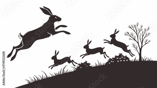 Dynamic Hares Racing Up a Grassy Hill. Energetic Wildlife for Speed, Progress, Growth, and Overcoming Business Challenges.