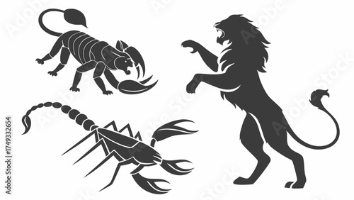 Lion Roaring and Scorpion Silhouettes. Powerful Wild Animal Graphics for Branding, Gaming, Zodiac, Tattoos, and Strong Design Emblems.